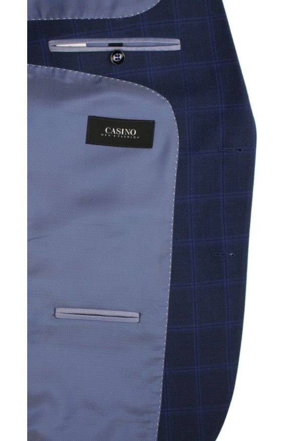 Elegancka Marynarka Męska - Casino - Delikatnie Taliowana - Granatowa w Kratę. Kolor: niebieski. Materiał: wiskoza, poliester. Styl: elegancki