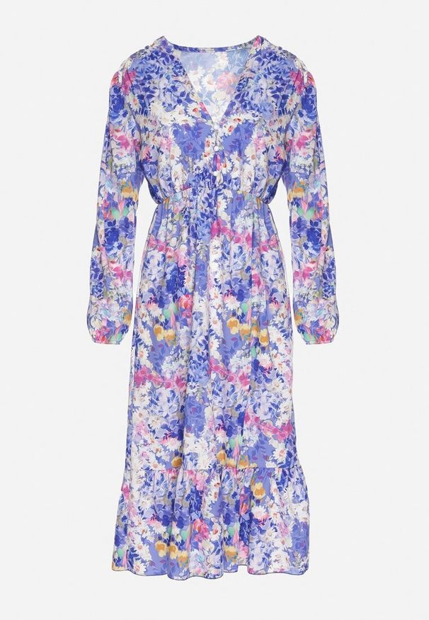 Born2be - Niebieska Rozkloszowana Sukienka w Kwiaty z Dekoltem w Serek i Gumką w Talii Janitra. Okazja: na co dzień. Typ kołnierza: dekolt w serek. Kolor: niebieski. Długość rękawa: długi rękaw. Wzór: kwiaty. Typ sukienki: proste. Styl: casual, klasyczny, elegancki