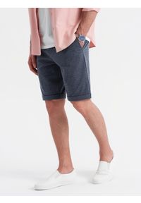 Ombre Clothing - Męskie krótkie spodenki na gumce ze strukturalnej dzianiny – granatowe V1. Okazja: na co dzień. Kolor: niebieski. Materiał: dzianina. Długość: krótkie. Styl: klasyczny, casual #6