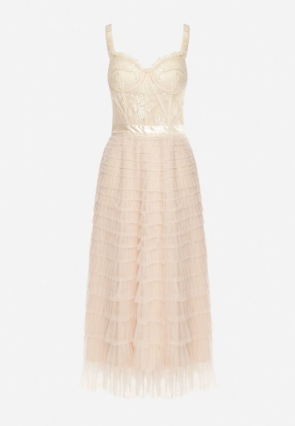 Born2be - Jasnobeżowa Sukienka Maxi na Ramiączkach z Gorsetową Górą i Tiulowymi Falbanami Encartia. Typ kołnierza: dekolt gorset. Kolor: beżowy. Materiał: tiul. Długość rękawa: na ramiączkach. Typ sukienki: gorsetowe. Długość: maxi