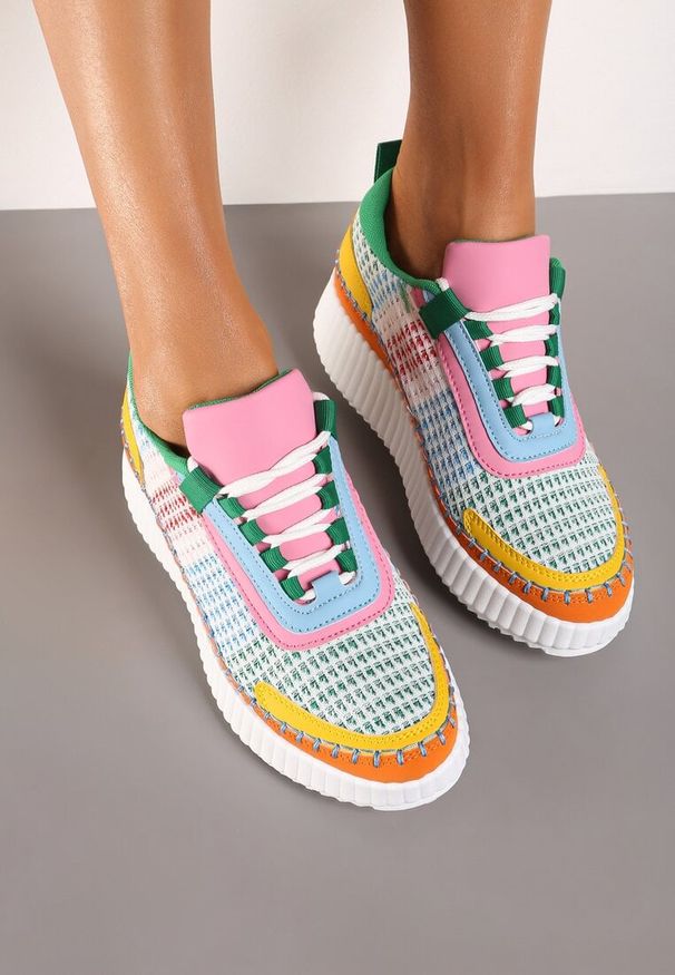 Born2be - Zielono-Pomarańczowe Sneakersy do Kostki na Platformie ze Sznurowaniami Fropia. Nosek buta: okrągły. Zapięcie: sznurówki. Kolor: zielony. Materiał: materiał. Obcas: na platformie. Wysokość obcasa: niski