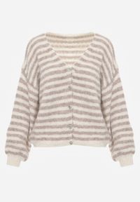 Renee - Beżowy Nietoperzowy Kardigan z Domieszką Wełny w Paski Fesaira. Okazja: na co dzień. Typ kołnierza: dekolt w serek. Kolor: beżowy. Materiał: wełna. Wzór: paski. Styl: casual #4
