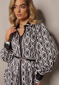 Renee - Czarno-Biała Koszulowa Sukienka Mini o Rozkloszowanym Kroju z Paskiem Launge. Kolor: czarny. Materiał: tkanina. Wzór: geometria, gładki, nadruk. Typ sukienki: koszulowe. Długość: mini #4
