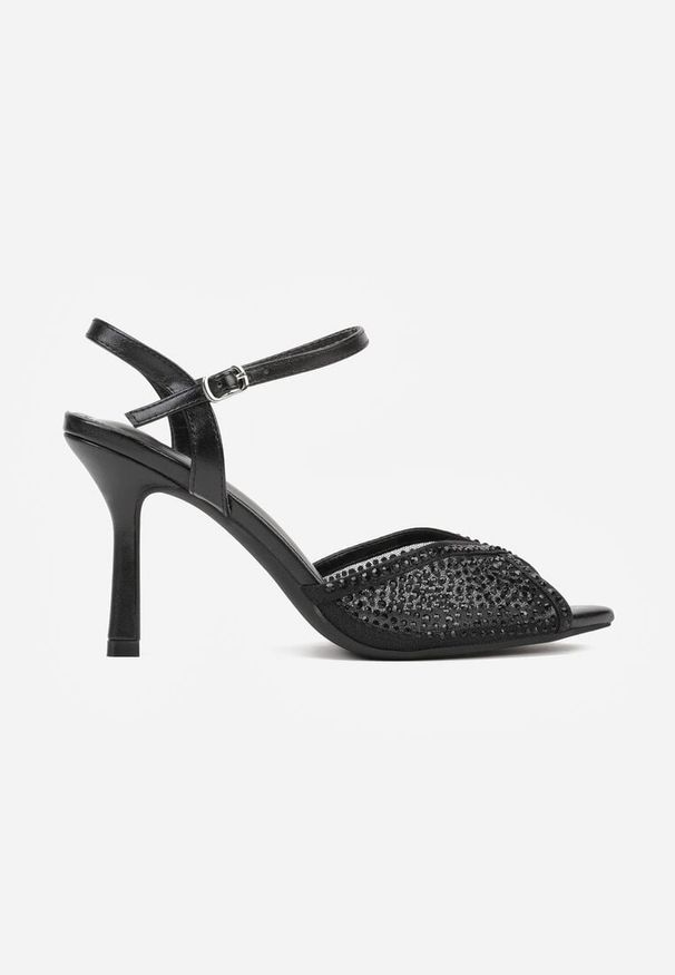 Born2be - Czarne Sandały na Szpilce z Cyrkoniami Aurefera. Okazja: na co dzień. Zapięcie: sprzączka. Kolor: czarny. Materiał: jeans. Wzór: aplikacja. Obcas: na szpilce. Styl: casual, elegancki