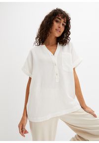 bonprix - Bluzka muślinowa z krótki rękawem. Kolor: biały. Długość rękawa: krótki rękaw. Długość: krótkie. Styl: elegancki #1