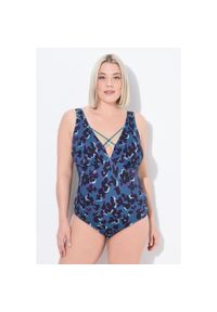 ULLA POPKEN - Damski Kostium kąpielowy nakrapiany miękkie miseczki ozdobne tasiemki. Kolekcja: plus size. Kolor: zielony, niebieski, wielokolorowy. Materiał: poliester, elastan, poliamid, materiał