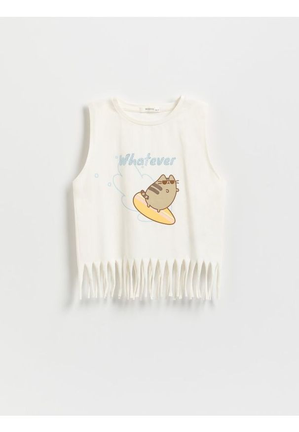 Reserved - T-shirt z frędzlami Pusheen - złamana biel. Materiał: bawełna