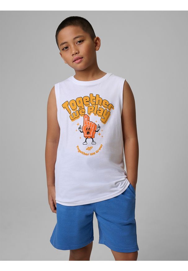 4f - 4F Koszulka bez rękawów loose z nadrukiem chłopięca - biała 152 (11-12 lat). Kolor: biały. Materiał: dzianina, bawełna, materiał. Długość rękawa: bez rękawów. Wzór: nadruk. Sezon: lato