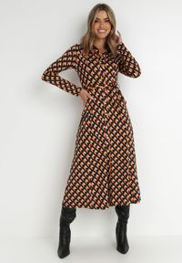 Born2be - Pomarańczowo-Czarna Sukienka Koszulowa Rozkloszowana Senecio. Okazja: na spotkanie biznesowe, na co dzień, na randkę, do pracy. Kolor: pomarańczowy. Materiał: dzianina, materiał. Wzór: geometria. Typ sukienki: koszulowe. Styl: biznesowy, casual, elegancki. Długość: midi #1