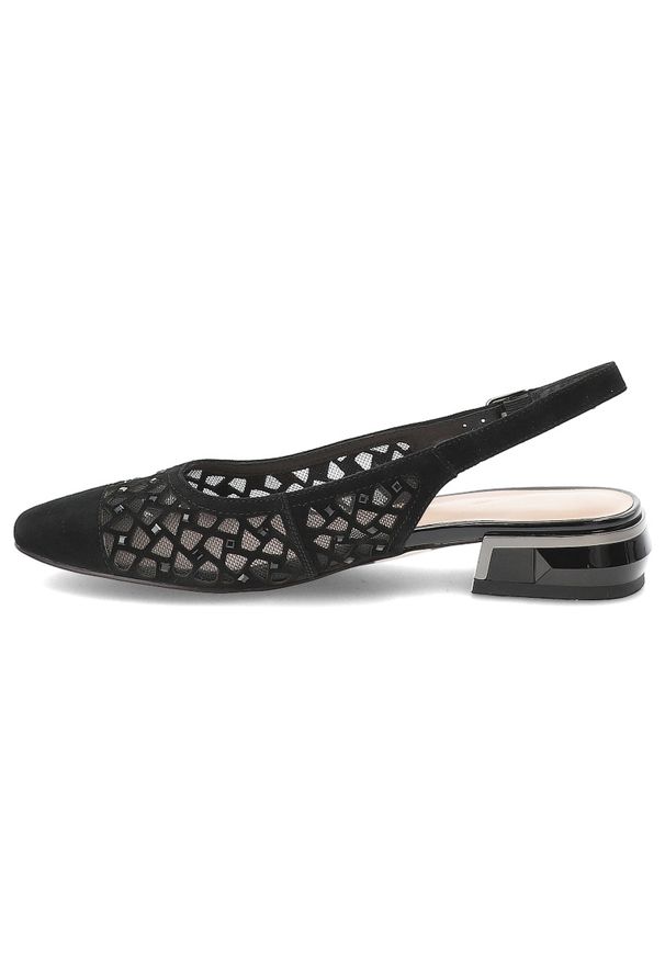 Czółenka damskie S.Barski, skóra naturalna ażurowa cholewka fason slingback regulowany pasek niski geometryczny obcas lekka konstrukcja, czarne, CR61. Zapięcie: pasek. Kolor: czarny. Materiał: skóra. Wzór: geometria, ażurowy. Obcas: na obcasie. Styl: elegancki. Wysokość obcasa: średni