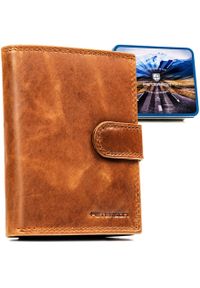 Pionowy portfel męski ze skóry naturalnej w brązowym kolorze zamykany na zatrzask - Peterson. Kolor: brązowy. Materiał: skóra #1