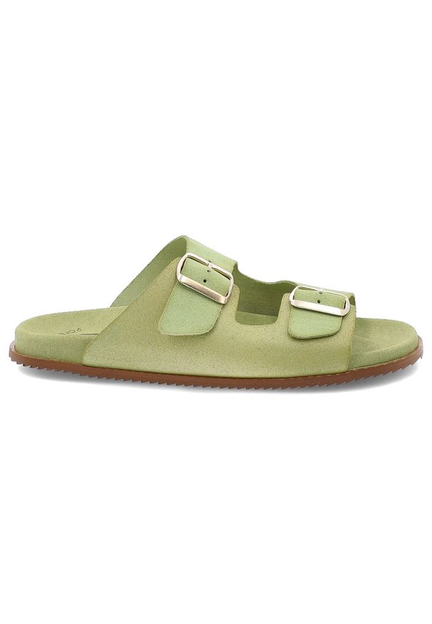 Hee - Klapki damskie HEE, na platformie skórzane z klamrami klasyczne, gruszowe, 25050. Kolor: zielony. Materiał: skóra. Wzór: paski. Sezon: lato. Obcas: na platformie. Styl: klasyczny