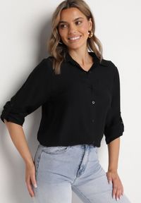 Born2be - Czarna Koszula Oversize z Rękawami z Możliwością Podpięcia Sorria. Okazja: na co dzień. Kolor: czarny. Materiał: jeans. Długość rękawa: długi rękaw. Długość: długie. Styl: klasyczny, elegancki, casual #4