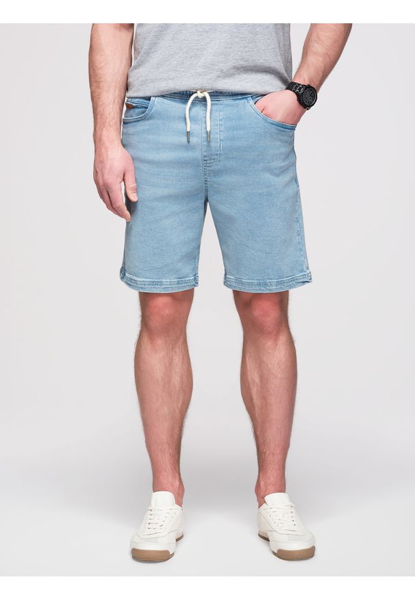 Ombre Clothing - Szorty męskie z gumką w pasie i efektem sprania – jasnoniebieskie V1 - Rozmiar: XXL. Okazja: na co dzień. Kolor: niebieski. Materiał: materiał, bawełna, denim, elastan, skóra. Sezon: lato. Styl: elegancki, casual