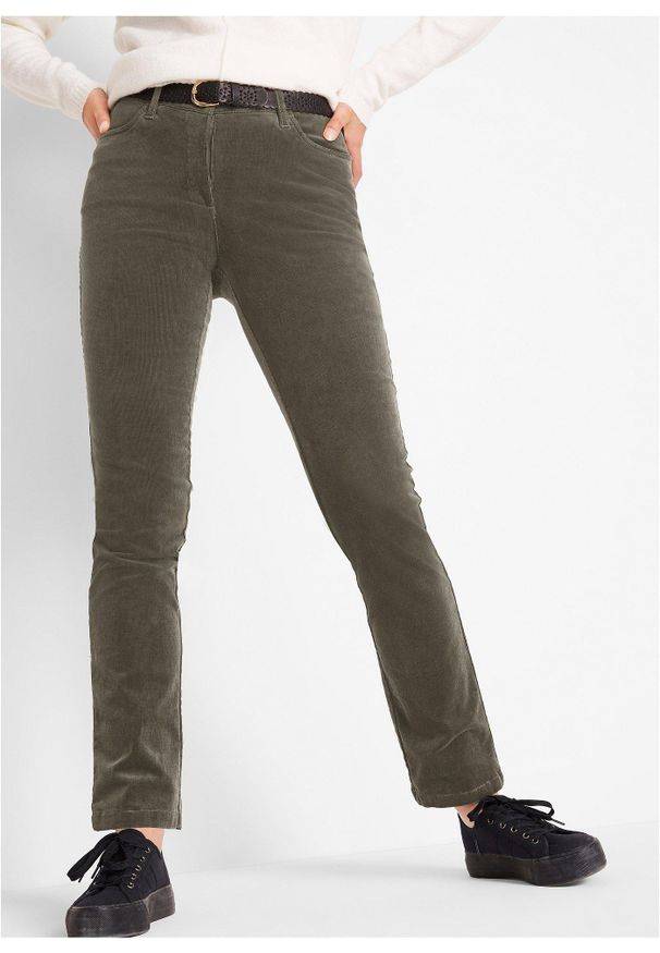 bonprix - Spodnie sztruksowe. Stan: obniżony. Kolor: zielony. Materiał: sztruks