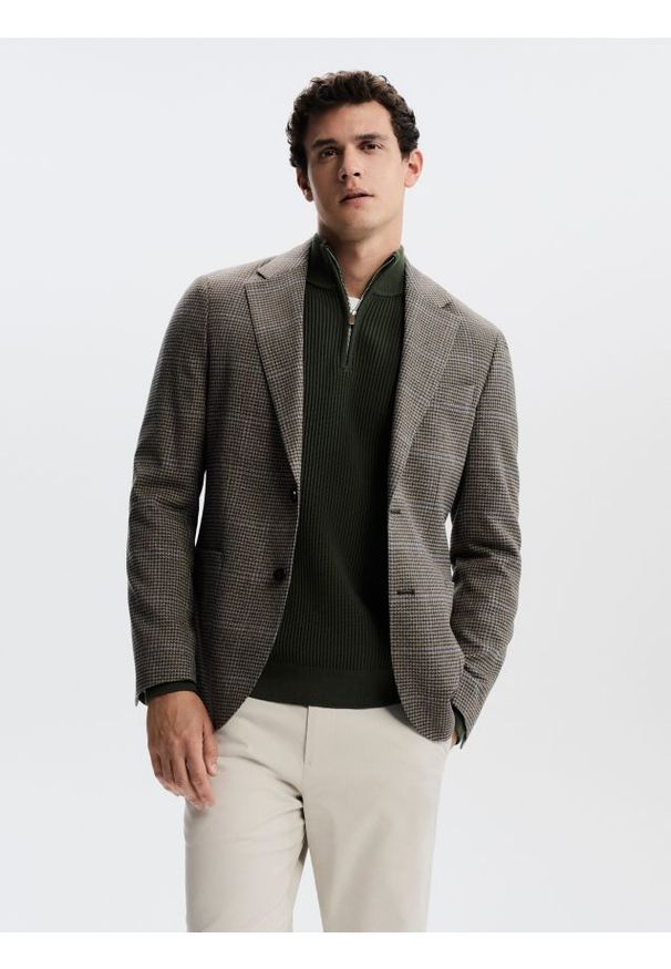 Reserved - Marynarka slim fit z wiskozą - ciemnobrązowy. Kolor: brązowy. Materiał: wiskoza