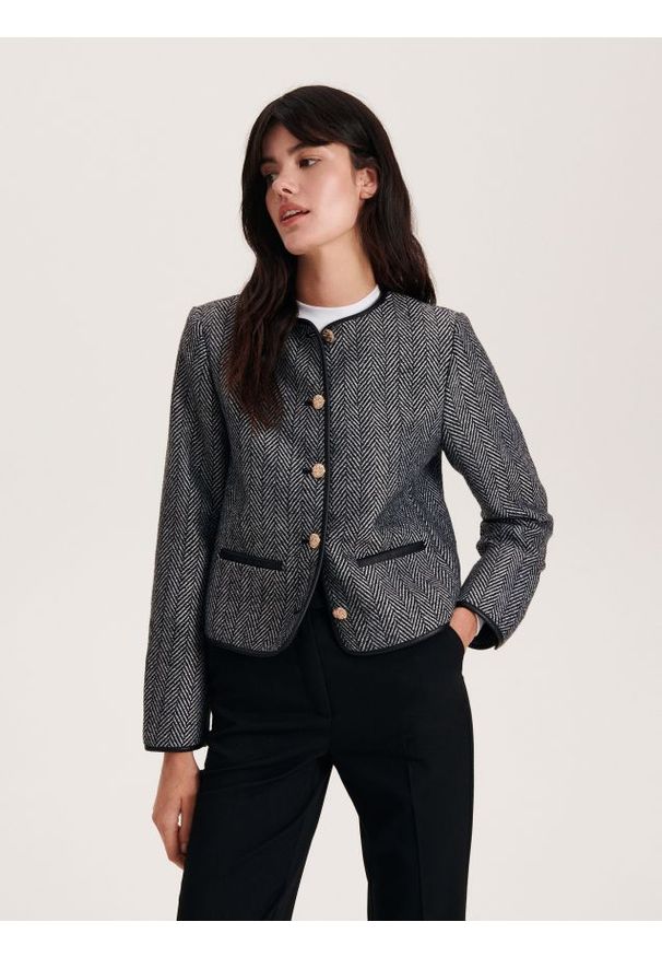 Reserved - Żakiet z dekoracyjnymi guzikami - szary. Kolor: szary. Materiał: wełna, tkanina