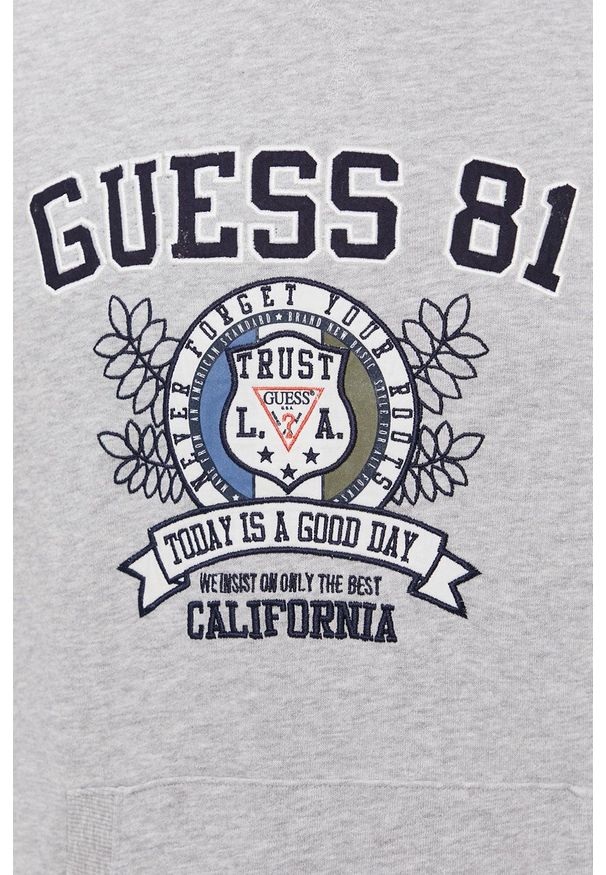 Guess - Bluza. Okazja: na co dzień. Typ kołnierza: kaptur. Kolor: szary. Materiał: dzianina. Wzór: aplikacja. Styl: casual