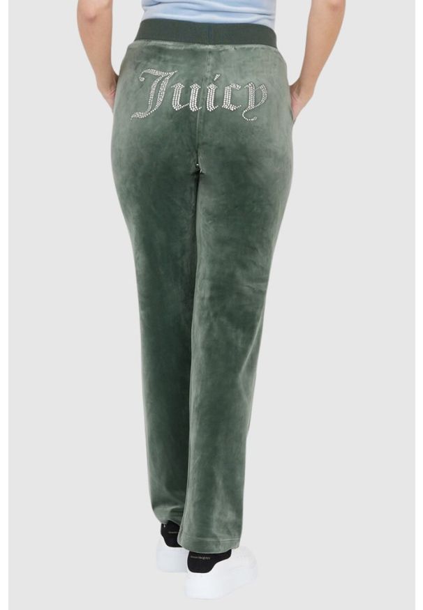 Juicy Couture - JUICY COUTURE Welurowe zielone spodnie dresowe diamante bottoms. Kolor: zielony. Materiał: welur, dresówka