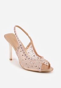Renee - Szampańskie Siateczkowe Sandały na Szpilce VICES Ozdobione Cyroniami Amamenis. Nosek buta: otwarty. Kolor: złoty. Materiał: skóra, materiał. Wzór: aplikacja. Sezon: lato. Obcas: na szpilce. Wysokość obcasa: średni #5