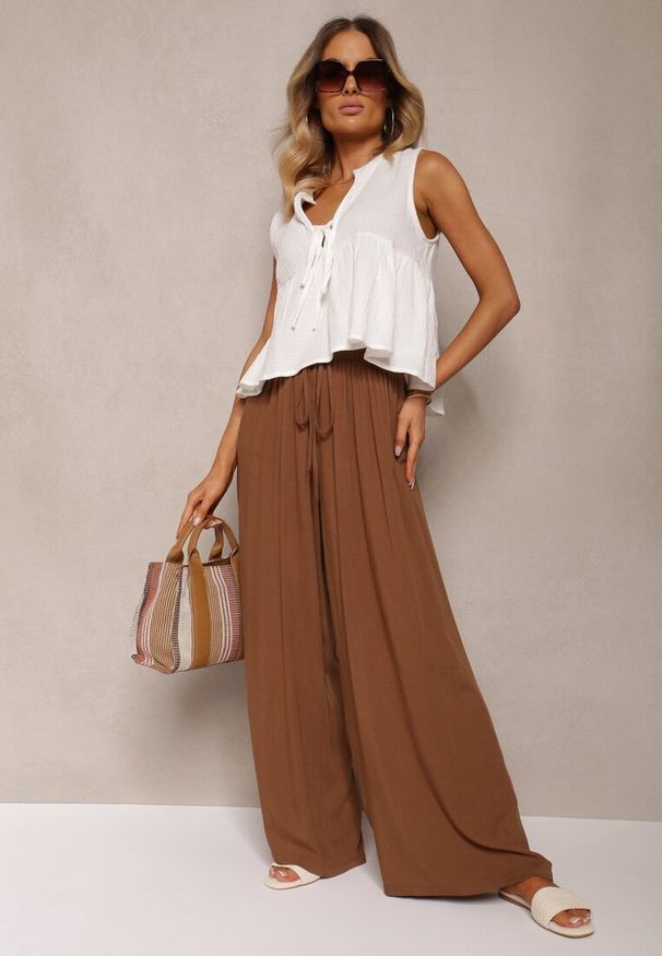 Renee - Brązowe Szerokie Spodnie High Waist z Gumką w Talii Ilnena. Okazja: na co dzień. Stan: podwyższony. Kolor: brązowy. Styl: klasyczny, casual, elegancki