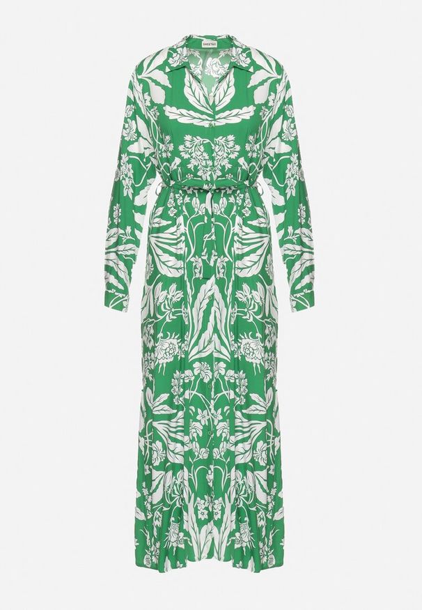Born2be - Zielona Koszulowa Sukienka z Roślinnym Wzorem z Wiązanym Paskiem Rosallen. Kolor: zielony. Wzór: aplikacja. Typ sukienki: koszulowe. Długość: maxi