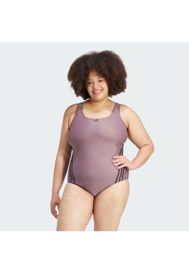 Adidas - 3-Stripes Swim Suit (Plus Size). Kolekcja: plus size. Kolor: fioletowy, czarny, wielokolorowy. Długość: długie