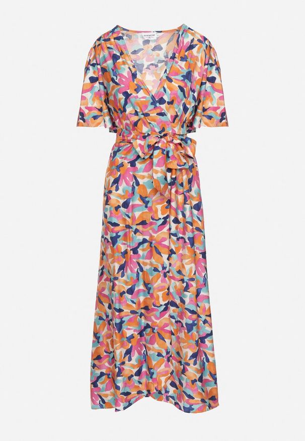 Born2be - Beżowo-Różowa Kopertowa Sukienka w Kwiaty z Materiałowym Paskiem w Talii Quapia. Okazja: na co dzień, na spacer. Typ kołnierza: dekolt w kształcie V. Kolor: beżowy. Materiał: materiał. Wzór: kwiaty. Typ sukienki: kopertowe. Styl: klasyczny, casual