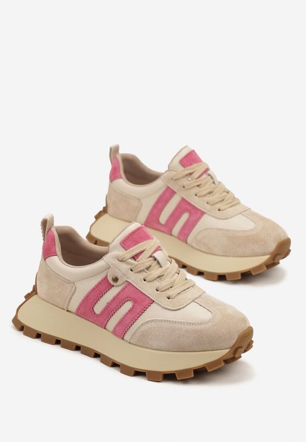 Born2be - Beżowo-Fuksjowe Skórzane Sneakersy z Geometrycznym Motywem Melussea. Okazja: na co dzień. Kolor: beżowy. Materiał: skóra. Wzór: geometria. Sezon: wiosna