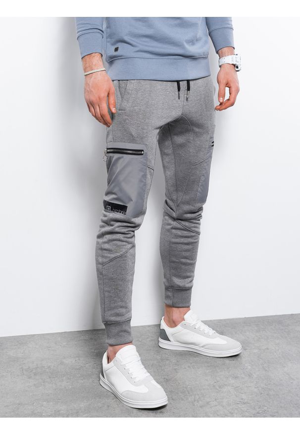 Ombre Clothing - Spodnie męskie dresowe joggery P917 - szary melanż - XXL. Kolor: szary. Materiał: dresówka. Wzór: melanż