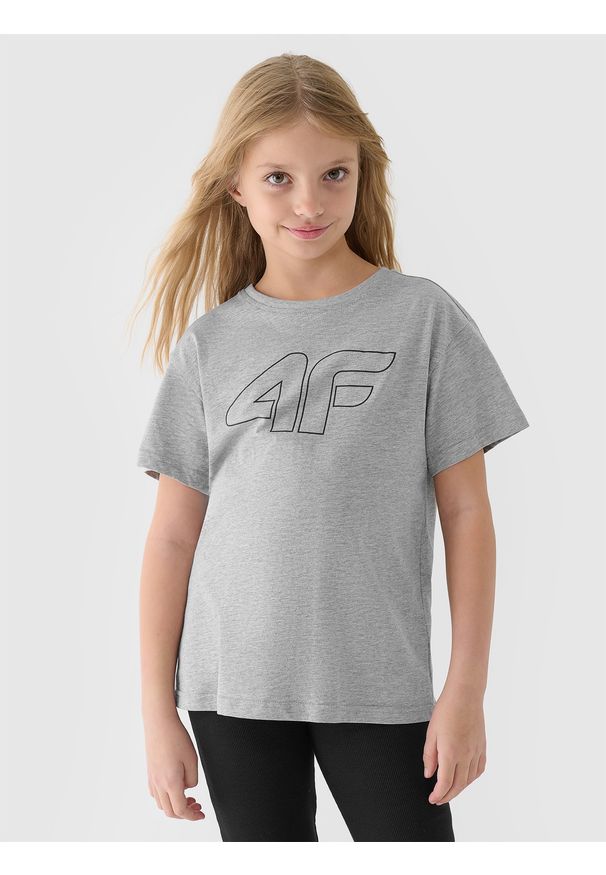 4f - 4F T-shirt oversize z nadrukiem dziewczęcy - szary 164 (13-14 lat). Okazja: na co dzień. Kolor: szary. Materiał: dzianina, bawełna, jersey. Wzór: nadruk. Sezon: lato. Styl: klasyczny, sportowy, casual