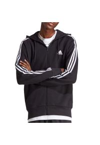 Adidas - Bluza adidas Essentials French Terry 3-Stripes Full-Zip Hoodie IC0433 - czarny. Kolor: czarny. Materiał: bawełna, dresówka. Wzór: gładki, paski. Styl: klasyczny