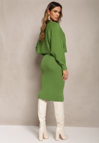 Renee - Zielony Dzianinowy Komplet z Prążkowaną Sukienką i Sweterkiem z Perełkami Smalthea. Kolor: zielony. Materiał: dzianina, prążkowany #4