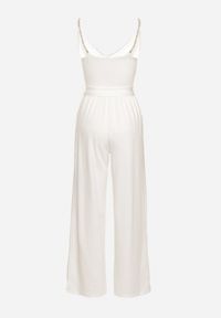 Born2be - Biały Kombinezon na Ozdobnych Ramiączkach z Gumką w Pasie i Materiałowym Paskiem Cinna. Kolor: biały. Materiał: materiał. Długość rękawa: na ramiączkach. Styl: klasyczny #7