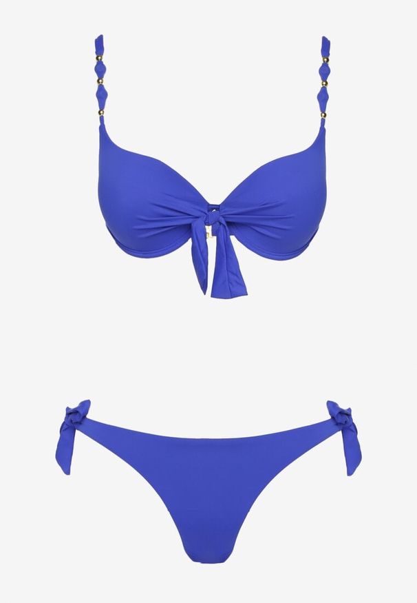 Born2be - Niebieskie Bikini Biustonosz i Majtki Ozdobione Wiązaniem Uloselira. Kolor: niebieski. Wzór: aplikacja