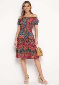 Born2be - Czerwona Sukienka Bawełniana Hiszpanka w Stylu Boho Raelinora. Typ kołnierza: dekolt hiszpanka. Kolor: czerwony. Materiał: bawełna. Styl: boho #4