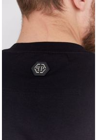Philipp Plein - PHILIPP PLEIN Czarny t-shirt męski Round neck ss iconic plein. Kolor: czarny. Materiał: skóra, prążkowany. Wzór: aplikacja