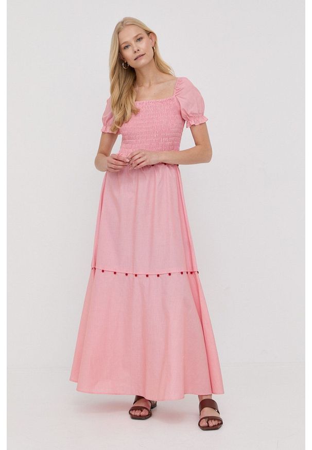 MAX&Co. sukienka bawełniana kolor pomarańczowy midi rozkloszowana. Typ kołnierza: dekolt w karo. Kolor: pomarańczowy. Materiał: bawełna. Długość rękawa: krótki rękaw. Typ sukienki: rozkloszowane. Długość: midi