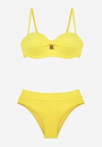 Renee - Żółte Bikini Dwuczęściowe z Ozdobnym Węzłem i Odpinanymi Ramiączkami Azaeryra. Kolekcja: plus size. Kolor: żółty. Wzór: geometria #2