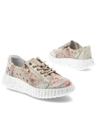 Sneakersy damskie Vinceza, cholewka ze skóry naturalnej z kolorowym, kwiatowym wzorem klasyczne sznurowanie dodatkowe zapięcie na zamek z boku, złote. Zapięcie: sznurówki. Kolor: złoty. Materiał: skóra. Szerokość cholewki: normalna. Wzór: kolorowy, kwiaty #2