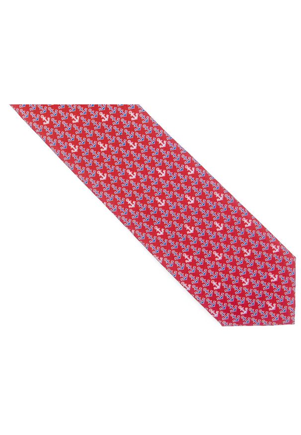 Modini - Czerwony krawat w kotwice D205. Kolor: czerwony. Materiał: mikrofibra, tkanina