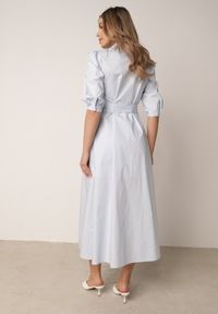 Born2be - Niebieska Rozkloszowana Sukienka Koszulowa w Stylu Retro z Bawełny z Wiązaniem Cirire. Okazja: na co dzień. Kolor: niebieski. Materiał: bawełna. Typ sukienki: koszulowe. Styl: retro #3