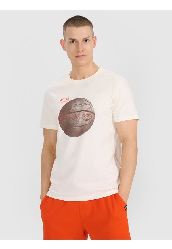 4f - 4F T-shirt regular z nadrukiem męski - biały S. Okazja: na co dzień. Kolor: biały. Materiał: bawełna, jersey. Wzór: nadruk. Styl: casual, sportowy, klasyczny, street, elegancki