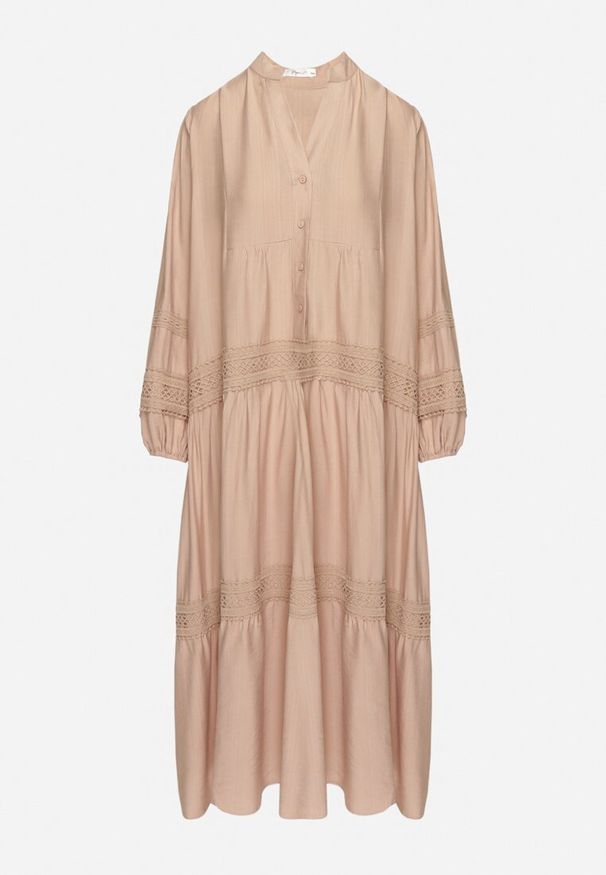 Born2be - Ciemnobeżowa Rozkloszowana Sukienka z Wiskozy z Koronkowymi Wstawkami Nalanieth. Okazja: na co dzień. Typ kołnierza: dekolt w serek. Kolor: beżowy. Materiał: wiskoza, koronka. Typ sukienki: kopertowe. Styl: casual, elegancki, klasyczny