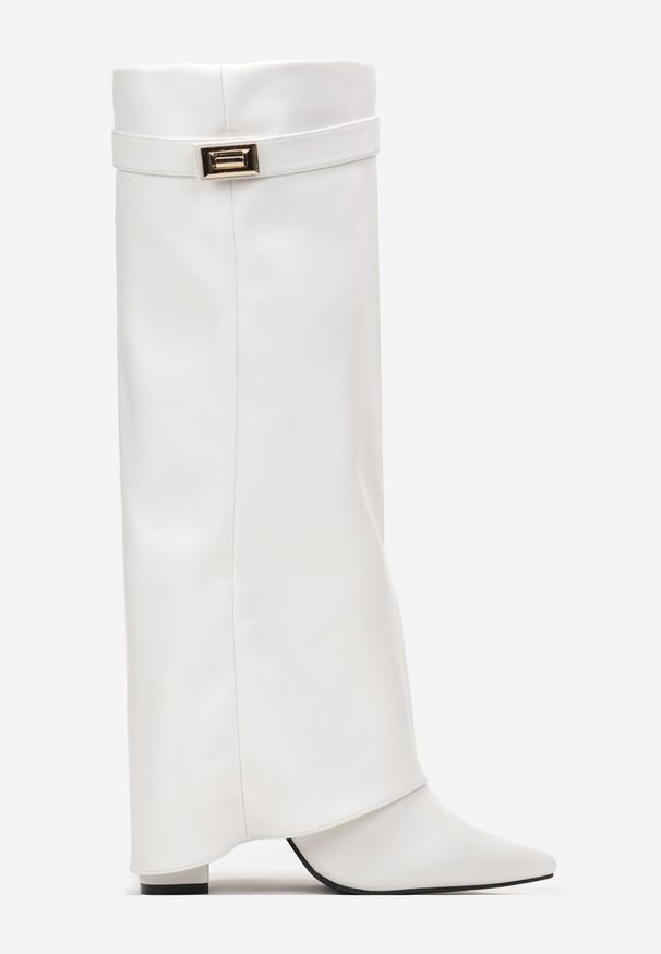 Renee - Białe Kozaki na Słupku z Wywiniętą Cholewką i Noskiem w Szpic Selvaggia. Nosek buta: szpiczasty. Zapięcie: zamek. Kolor: biały. Materiał: skóra, materiał. Szerokość cholewki: normalna. Sezon: zima. Obcas: na słupku. Wysokość obcasa: średni