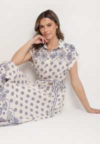 Born2be - Beżowo-Niebieska Koszulowa Sukienka z Wiskozy w Kwiatowy Wzór z Wiązanym Paskiem Iffinara. Okazja: na co dzień, na randkę, na spacer. Kolor: niebieski. Materiał: wiskoza. Długość rękawa: krótki rękaw. Wzór: kwiaty. Typ sukienki: koszulowe. Styl: casual, elegancki, klasyczny #2