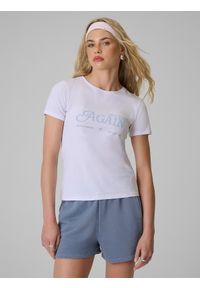 4f - 4F T-shirt slim z nadrukiem damski - biały L. Okazja: na co dzień. Kolor: biały. Materiał: materiał, dzianina. Wzór: nadruk. Styl: casual #1