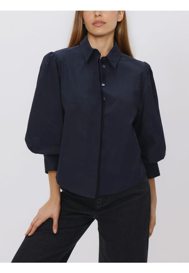 Reserved - Koszula z bufiastymi rękawami - granatowy. Kolor: niebieski. Materiał: tkanina, bawełna
