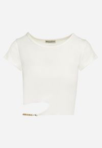 Born2be - Biały Bawełniany T-shirt z Asymetrycznym Wycięciem i Ozdobnym Łańcuszkiem Glitia. Okazja: na co dzień. Kolor: biały. Materiał: bawełna. Styl: casual #6