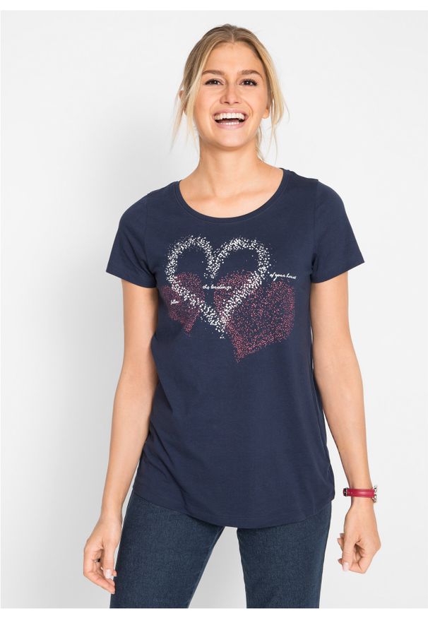 bonprix - Shirt bawełniany z nadrukiem serca, krótki rękaw. Kolor: niebieski. Materiał: bawełna. Długość rękawa: krótki rękaw. Długość: krótkie. Wzór: nadruk